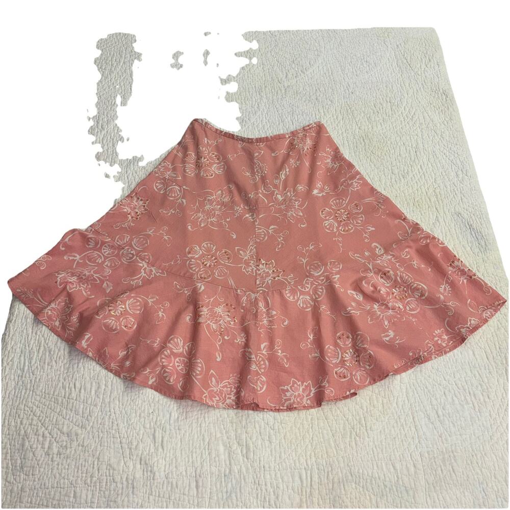 Pink Floral Midi Skirt Flare Size 10 Fairy Grunge y2k Side Zip Thrashed Beaded